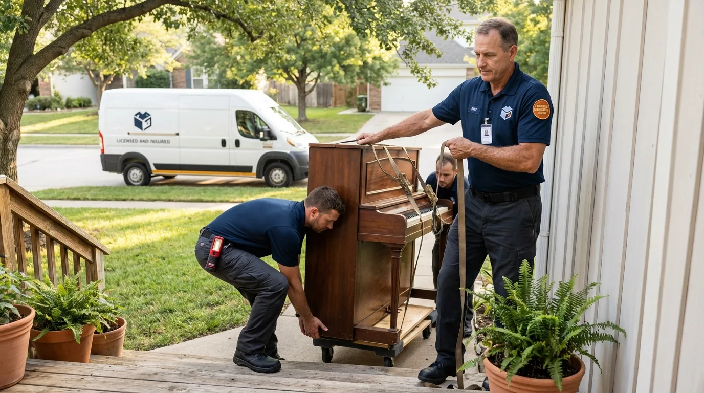 Licensed piano movers securing grand piano in Buchanan Dam, TX