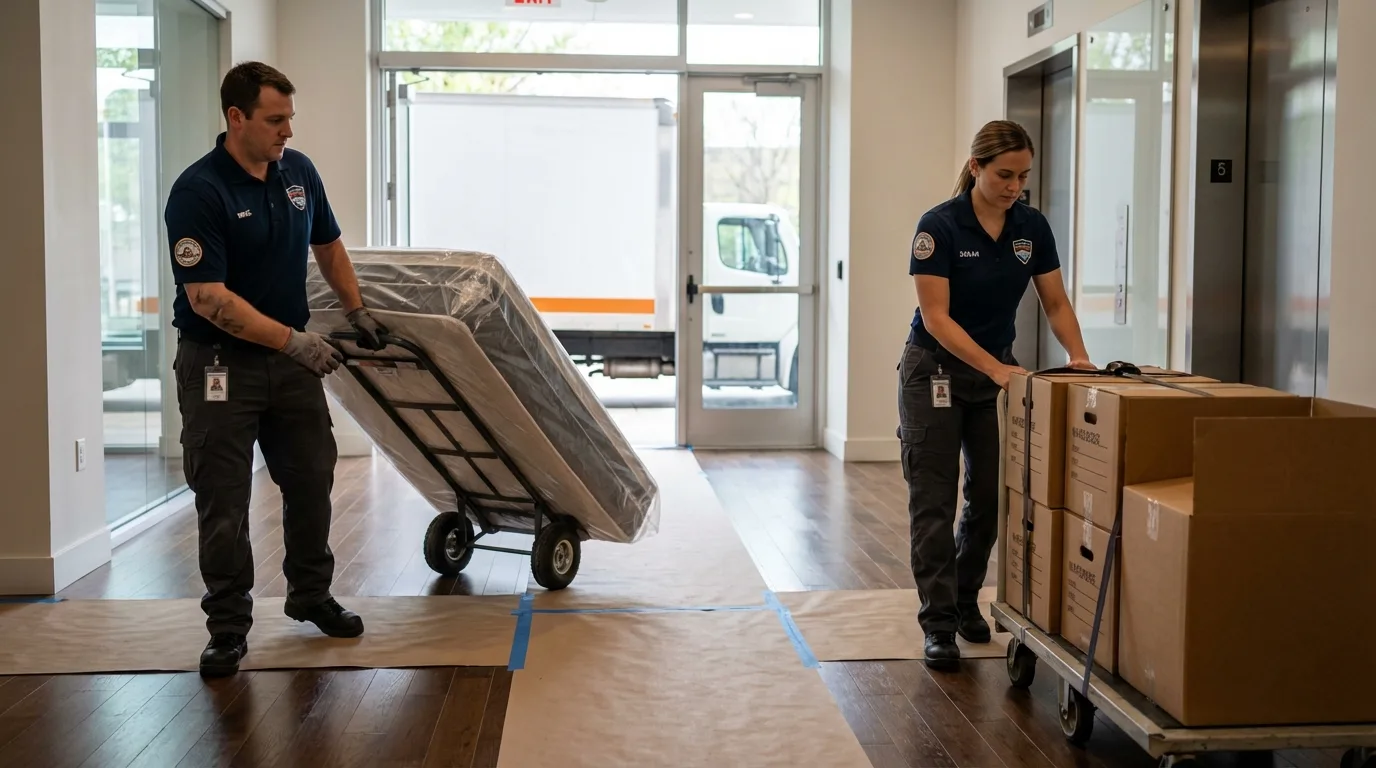 Professional apartment movers loading elevator in Buchanan Dam, TX